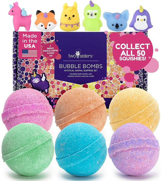 Two Sisters Mystical bath bomb reveals a surprise toy inside for kids' bath time fun