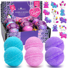 Two Sisters unicorn bath bomb with surprise toy inside, six-pack fun for kids.