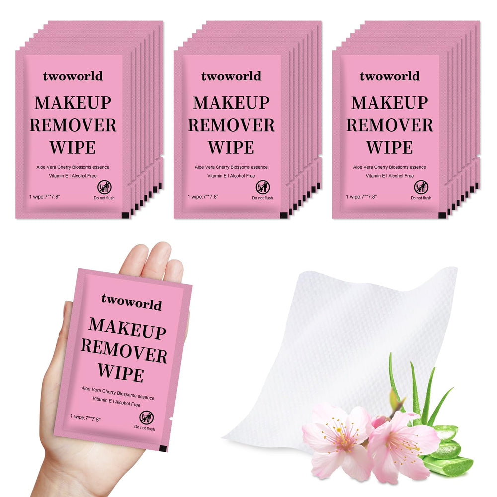 Twoworld makeup remover wipes bulk pack packaging shown, ideal for travel and hotels.