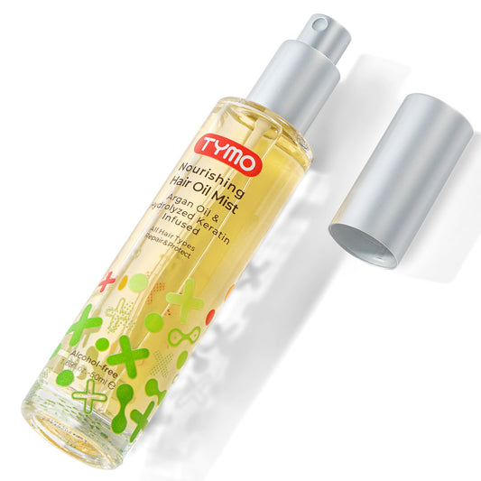 TYMO Argan Hair Oil Spray bottle shows a precise mist for smooth, hydrated locks