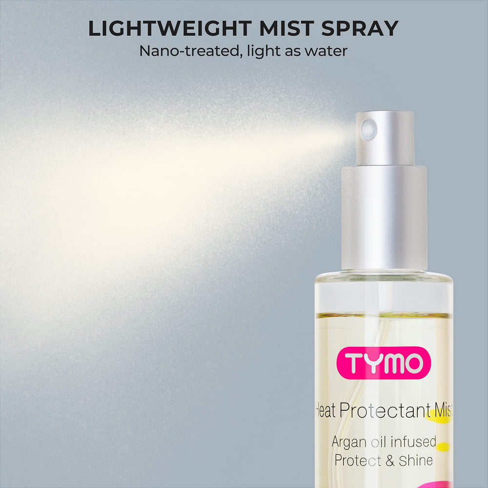TYMO glass bottle on vanity with styling tools nearby.