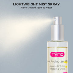 TYMO glass bottle on vanity with styling tools nearby.