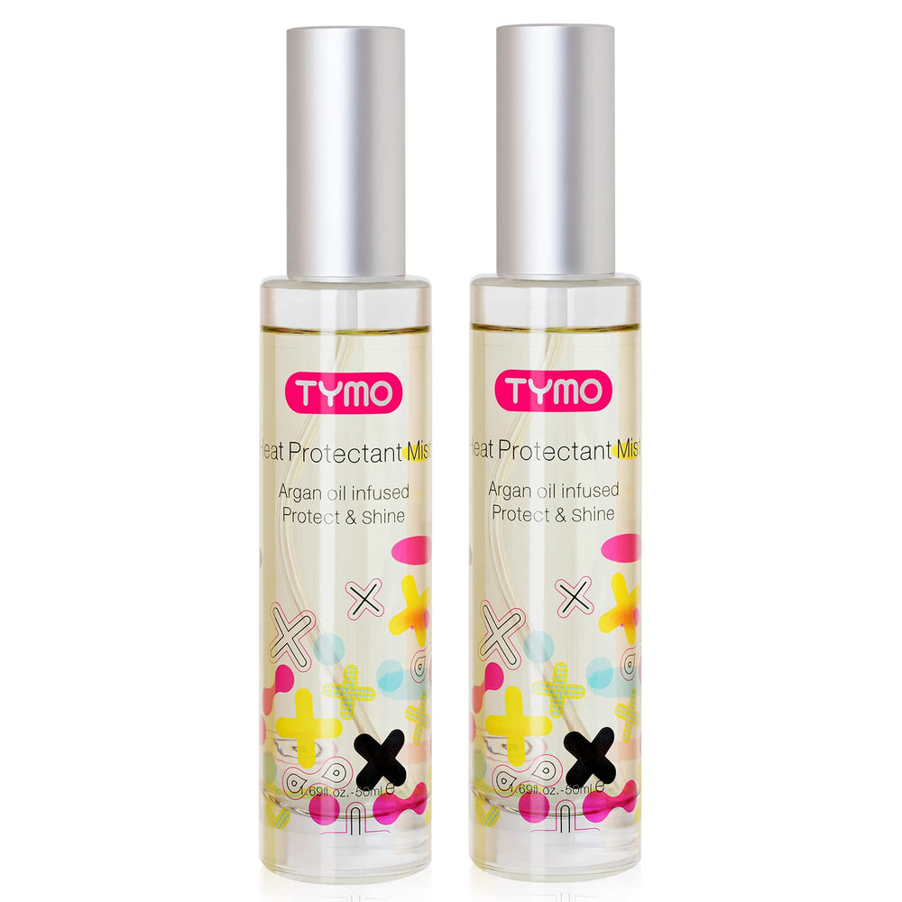 TYMO heat protectant bottle with argan oil ready for heat shielding.