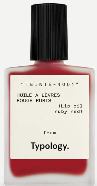 Typology tinted lip oil Ruby Red bottle for nourished, glossy lips.