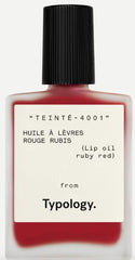 Typology tinted lip oil Ruby Red bottle for nourished, glossy lips.