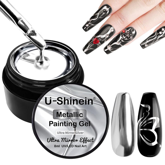 U-Shinein mirror-silver nail gel bottle close-up showing ultra glossy finish