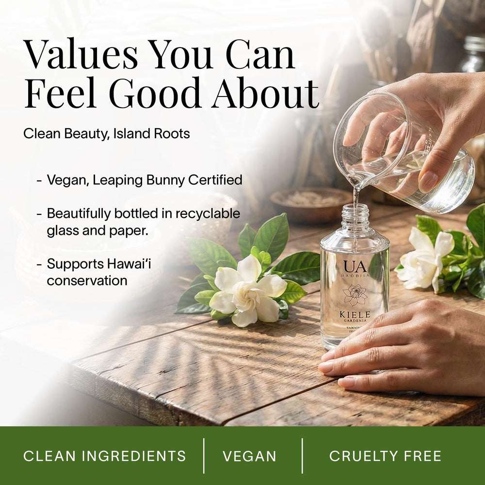Ua Body Kiele Gardenia glass packaging highlights a clean, eco-friendly formula.