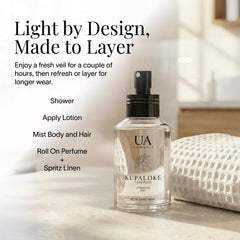 Ua Body Kupaloke Tuberose Mist glass bottle highlighting eco-friendly packaging.