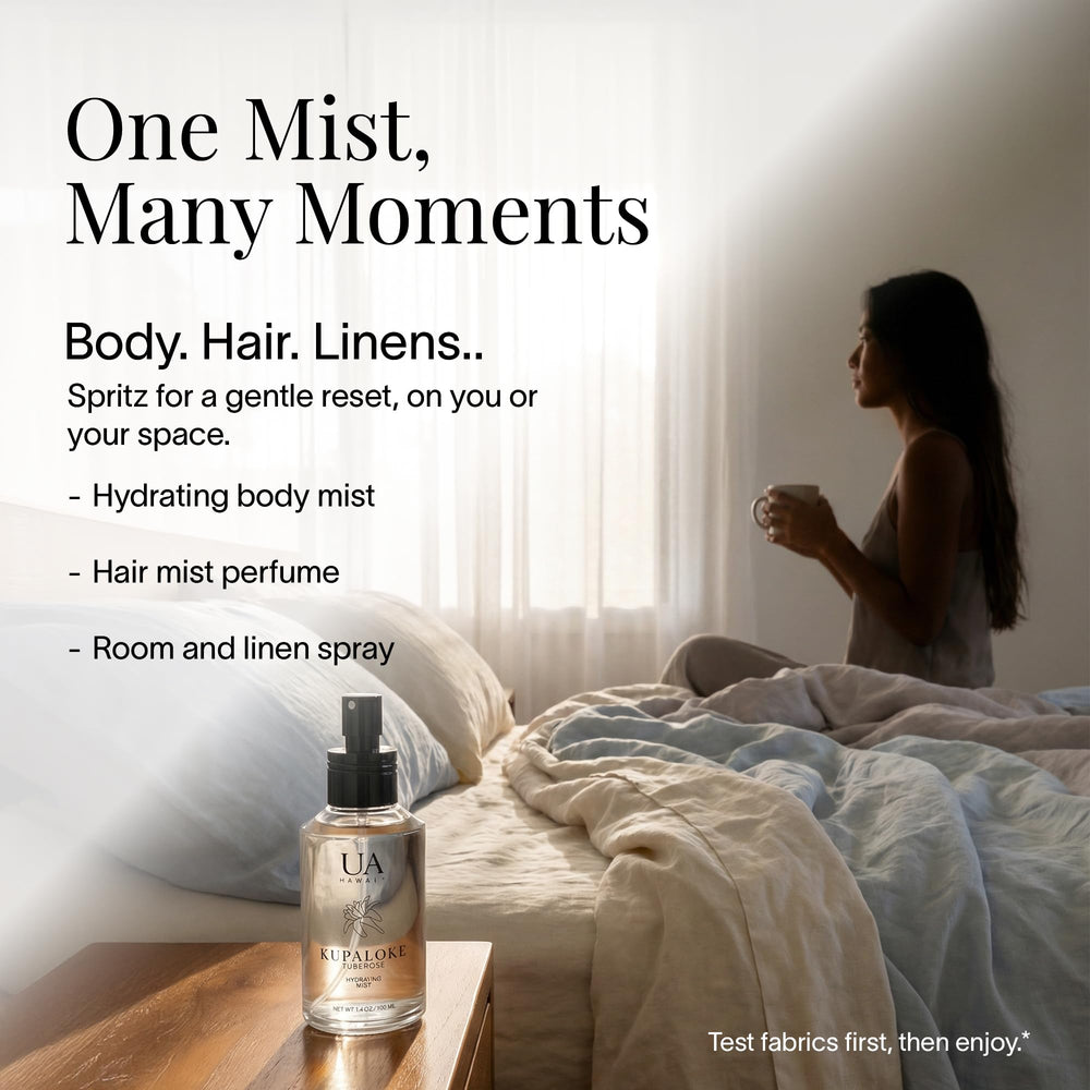 Ua Body Kupaloke Tuberose Mist layered with lotion for longer fragrance presence.