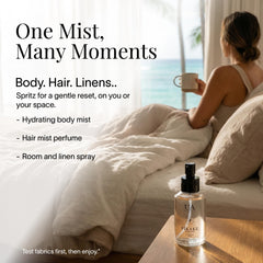Ua Body Pikake body mist application demonstrates easy layering with lotion for longer wear.