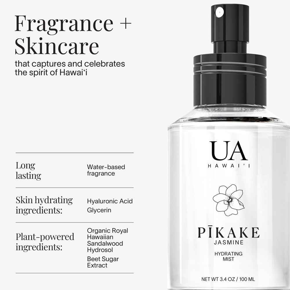 Ua Body Pikake hair mist spray highlights a refreshing scent for quick refresh.