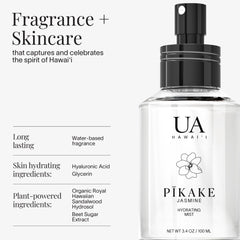 Ua Body Pikake hair mist spray highlights a refreshing scent for quick refresh.
