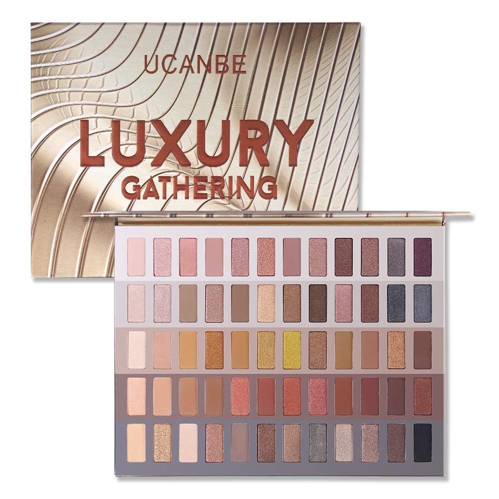 UCANBE Luxury Gathering Neutral Eyeshadow Palette swatches 60 shades for versatile daily to evening looks.