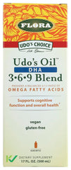 Udo's Choice DHA Oil Blend bottle front with golden oil, supports heart health and mental sharpness