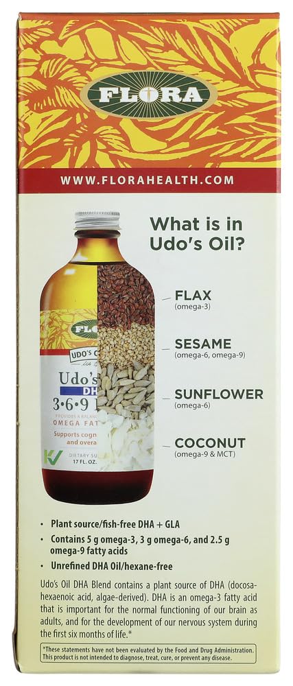 Udo's Choice DHA label close-up highlights algae-derived DHA and unrefined quality