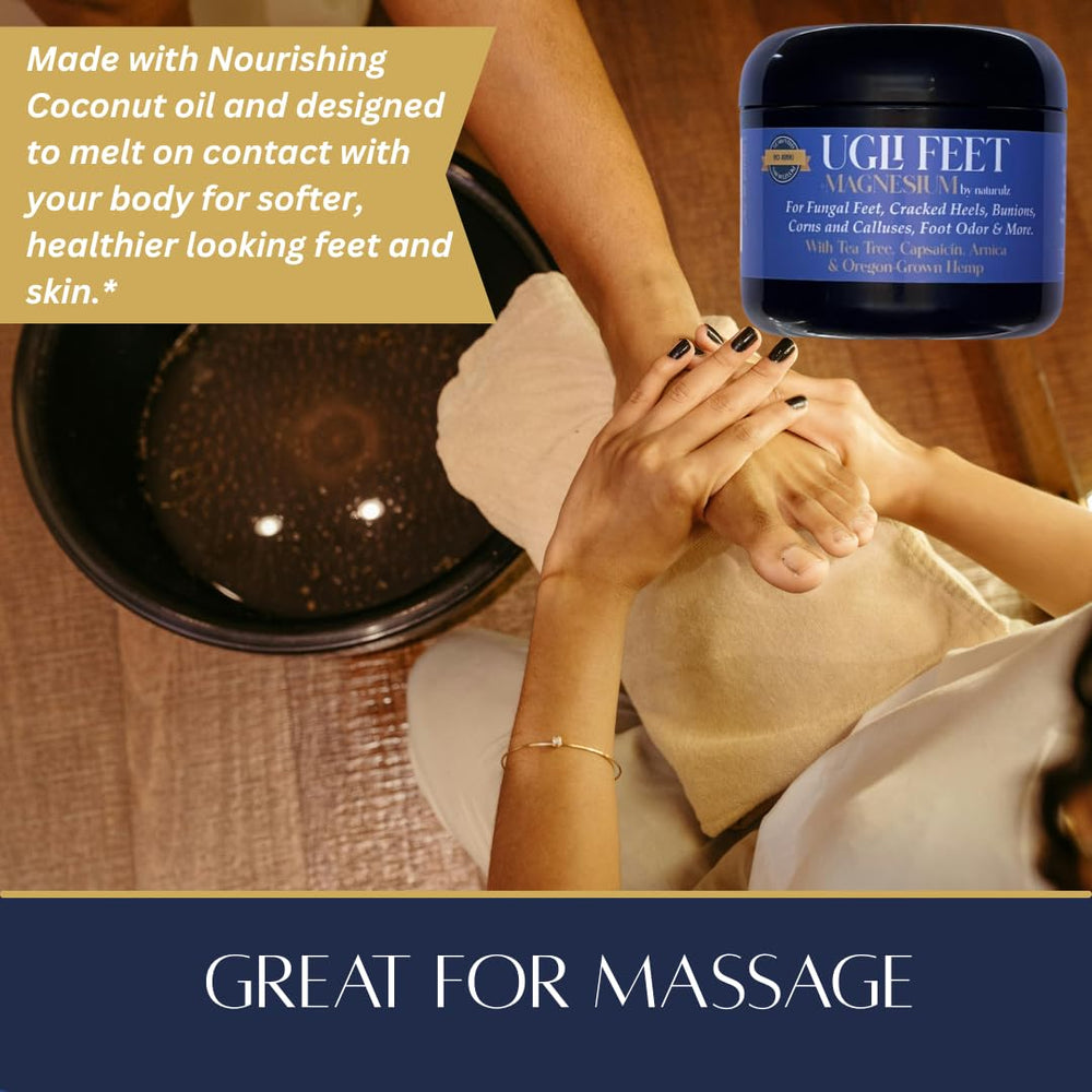 Coconut oil base provides hydration and softening for dry skin on feet.