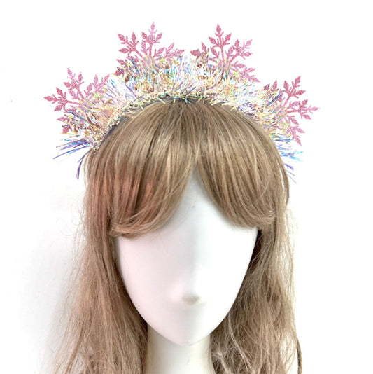ujktvba Christmas snowflake headband pink front view with glitter sparkle for festive looks