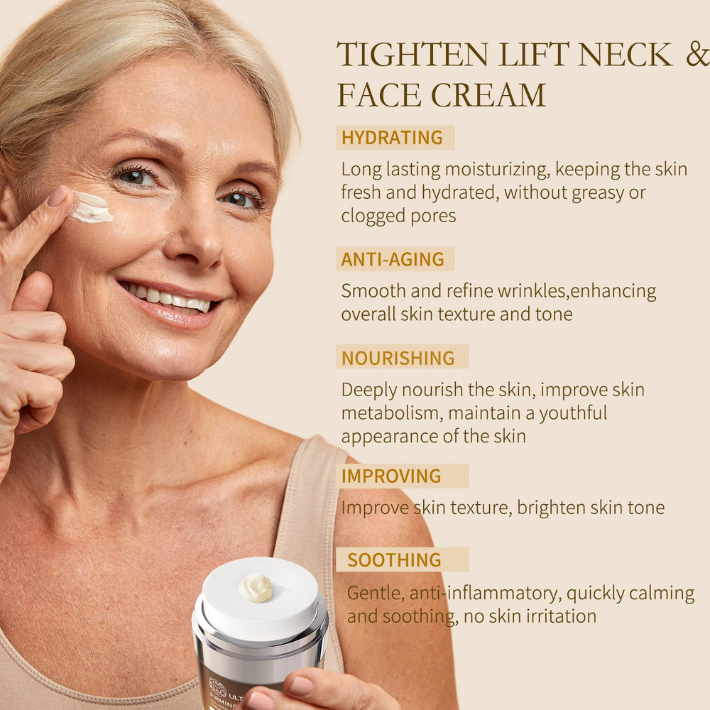 Applying ULTIBELA Tighten and Lift Neck Cream to décolleté for targeted care.