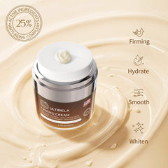 ULTIBELA neck cream texture on skin illustrating firming benefits.