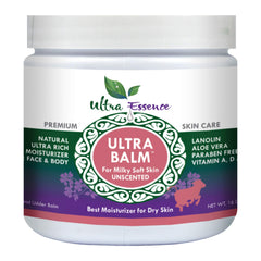Ultra Balm daily moisturizer bottle shows 16 oz size for face and body, long-lasting hydration.