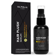 Ultrax Labs Hair Plush bottle close-up, biotin-based serum for thicker-looking hair.