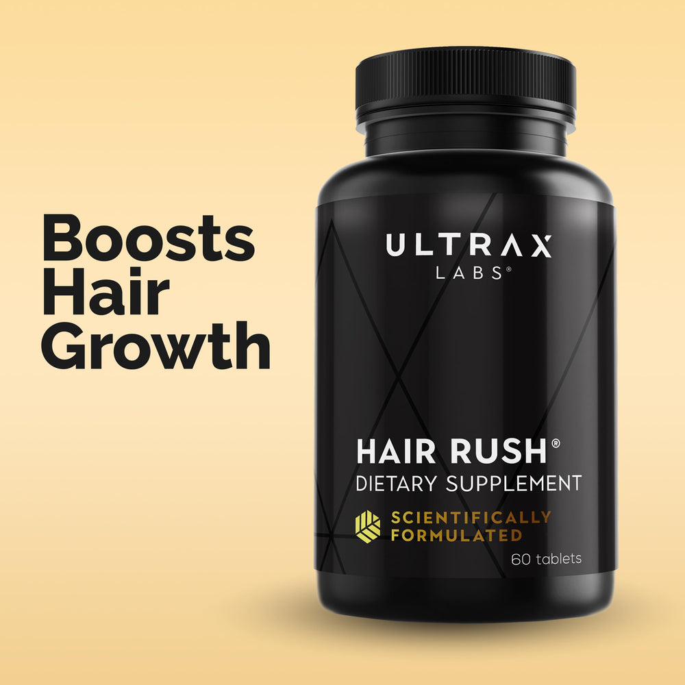 Ultrax Labs Hair Rush tablets laid out for daily use.