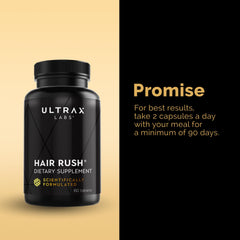Ultrax Labs Hair Rush tablets close-up highlighting solubilized keratin.