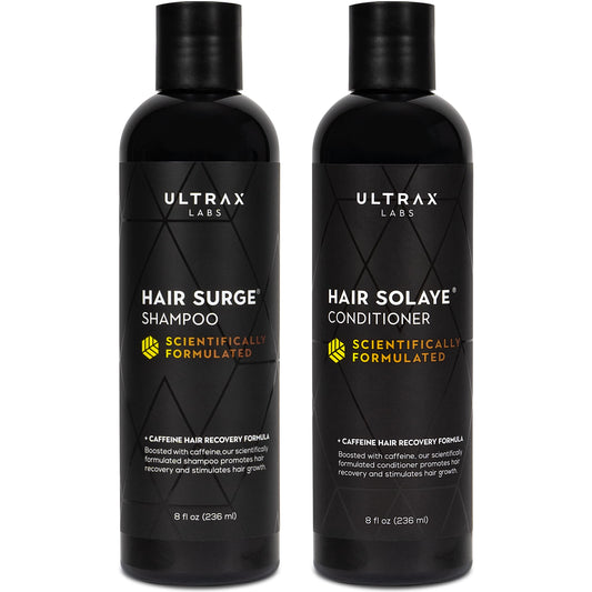 Ultrax Labs Hair Surge Shampoo bottle showing caffeine blend for fuller-looking hair