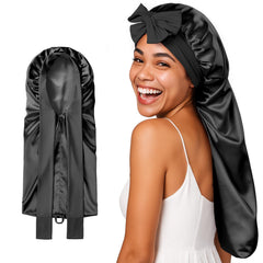 Umisleep Silk Bonnet with long length protects braids and curls at night.