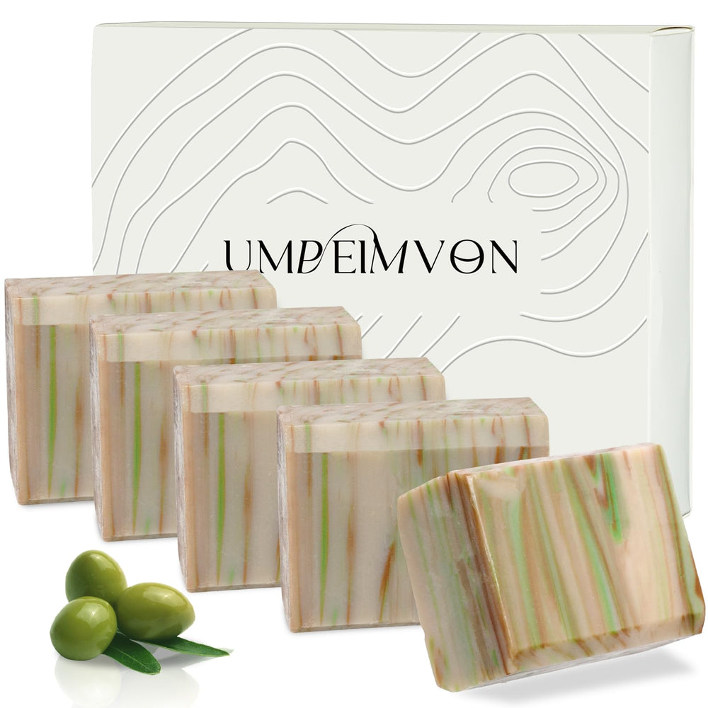 Umpeimvon olive oil soap pack front view showing packaging and bar, highlighting gentle cleansing and hydration.