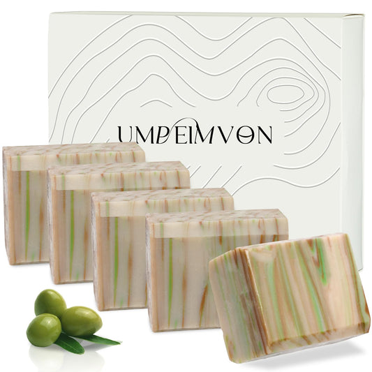 Umpeimvon olive oil soap pack front view showing packaging and bar, highlighting gentle cleansing and hydration.