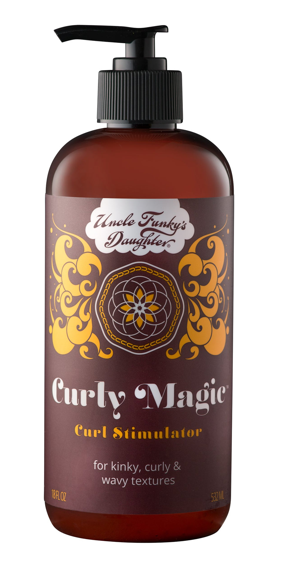 Uncle Funky's Daughter Curly Magic bottle closeup showing lightweight hold for curls