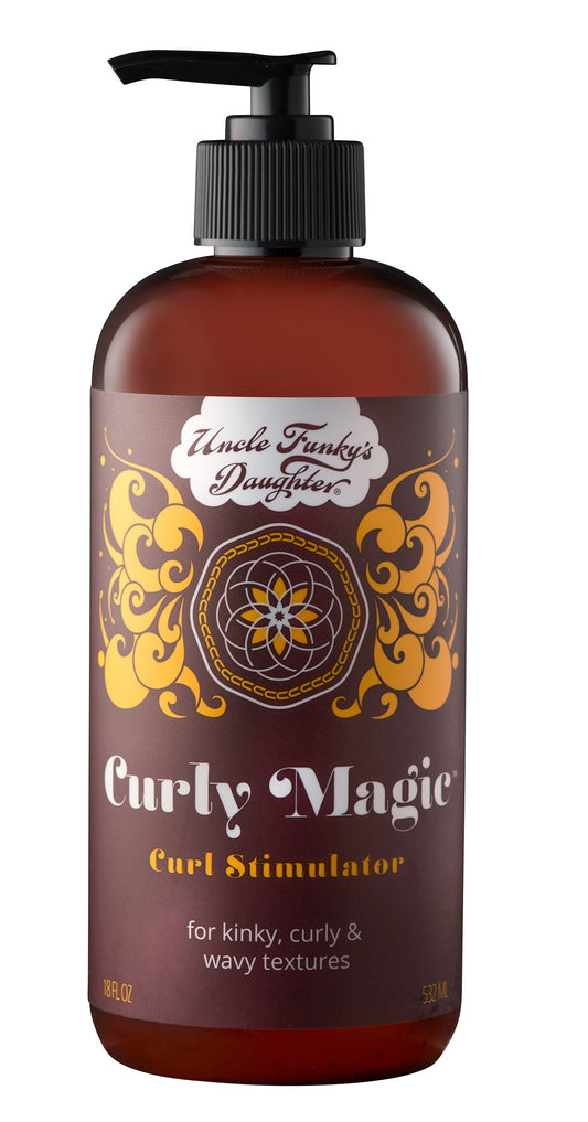 Uncle Funky's Daughter Curly Magic bottle closeup showing lightweight hold for curls