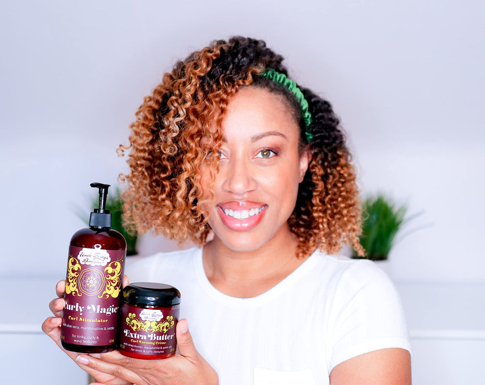 Hair application scene demonstrates curl definition without heaviness