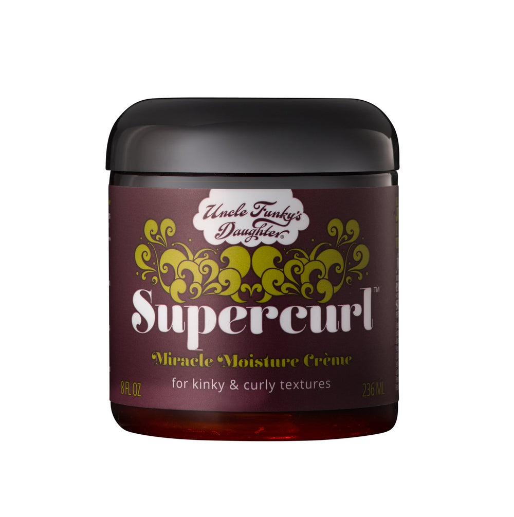 Uncle Funky’s Daughter Supercurl Miracle Moisture Creme jar closeup for detangling ease.