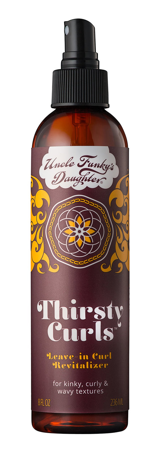 Uncle Funky’s Daughter Thirsty Curls bottle highlighting hydration for moisturized curls.