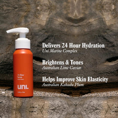 Uni 24 Hour Serum bottle on mirror display highlights a compact travel-friendly skincare routine.