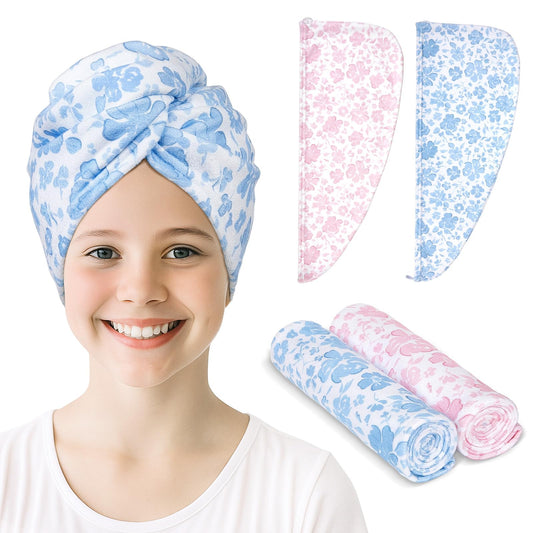 Unicorn Castle microfiber hair towel for kids with pink blue flower pattern, quick-dry and gentle.
