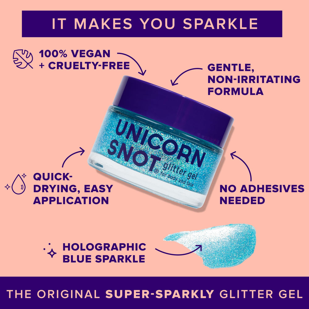 Unicorn Snot blue glitter gel on the body creates head to toe sparkle.