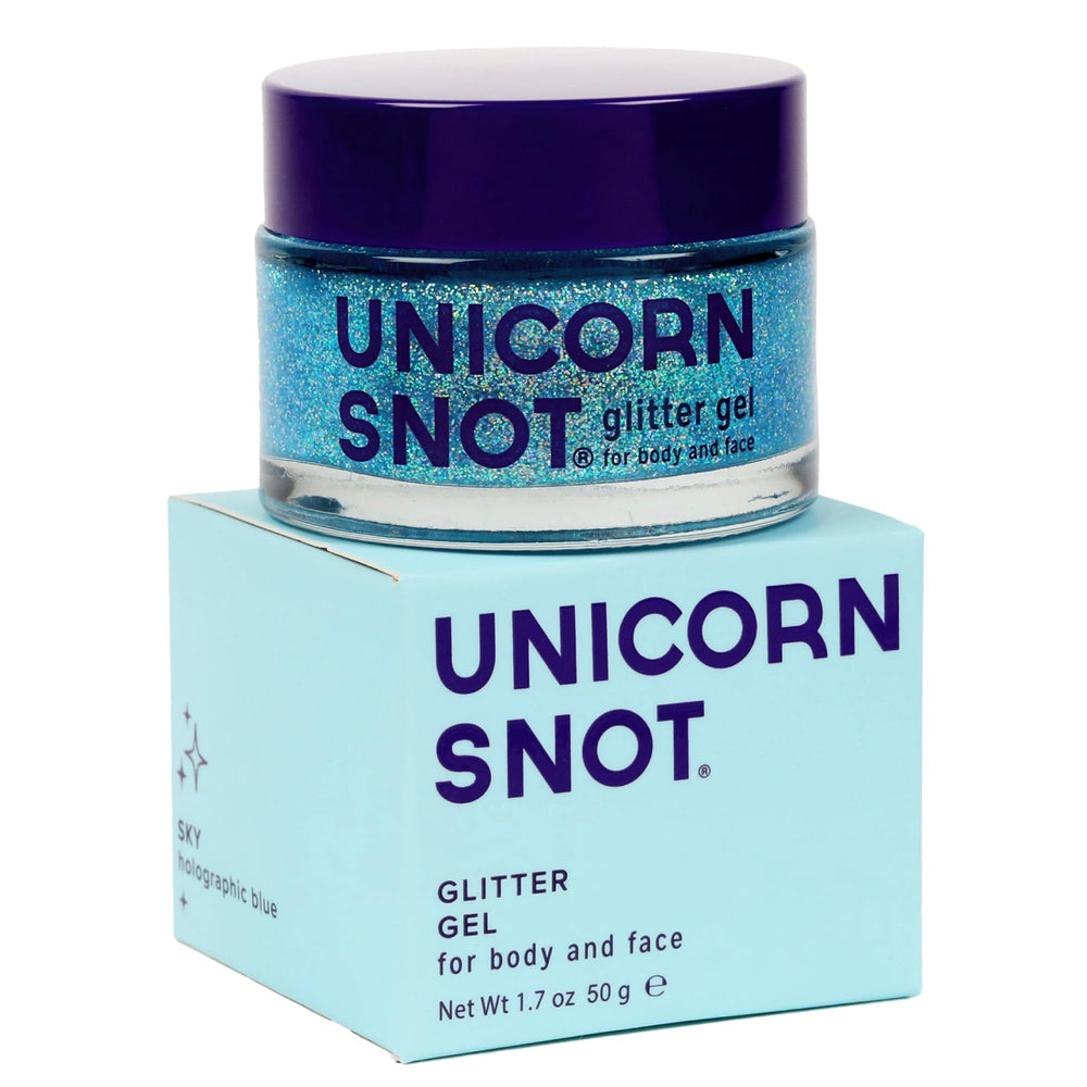 Unicorn Snot blue glitter gel on the face adds bold shimmer for festive looks.