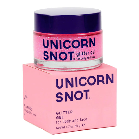 UNICORN SNOT holographic glitter gel on pink flamingo bottle for bold festival sparkle