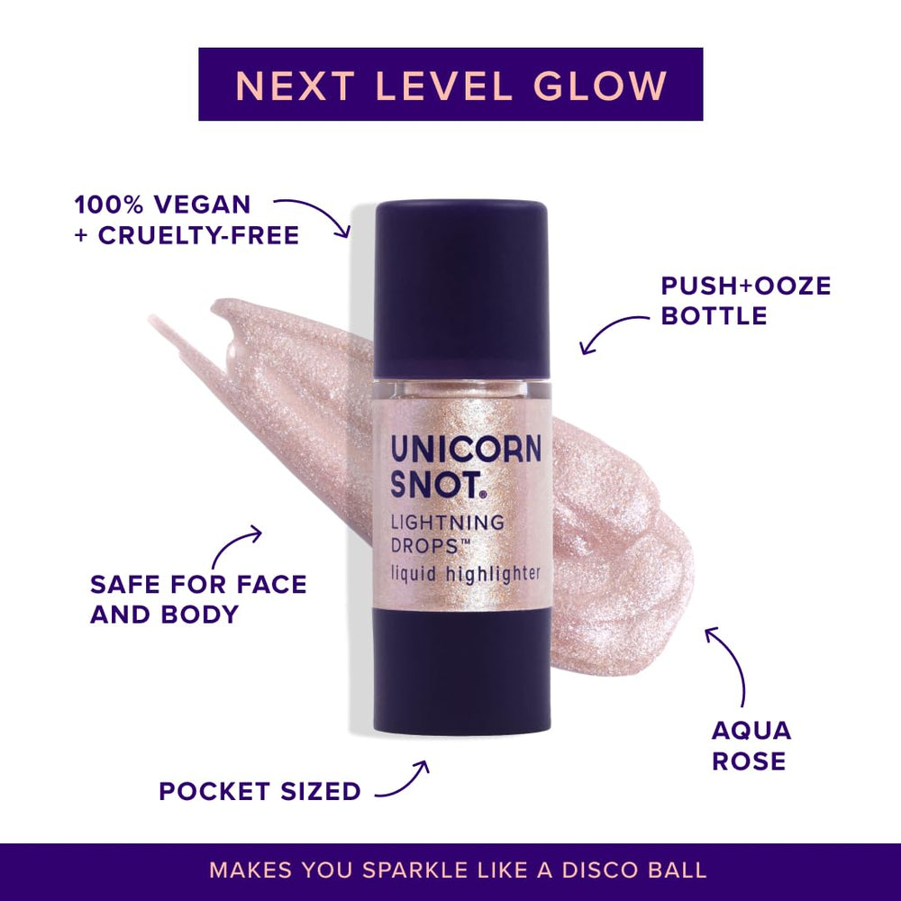 Unicorn Snot Lightning Drops dabbed on cheekbone for radiant highlight.