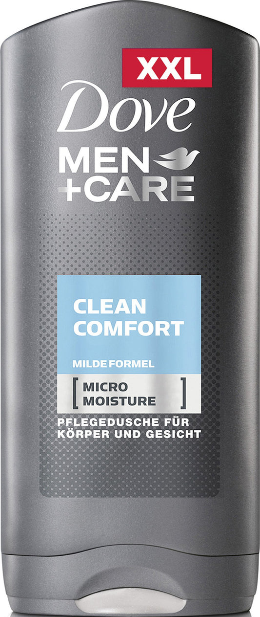 Dove Men Clean Comfort bottle pouring, hydrating daily cleanse for the skin