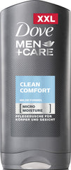 Dove Men Clean Comfort bottle pouring, hydrating daily cleanse for the skin