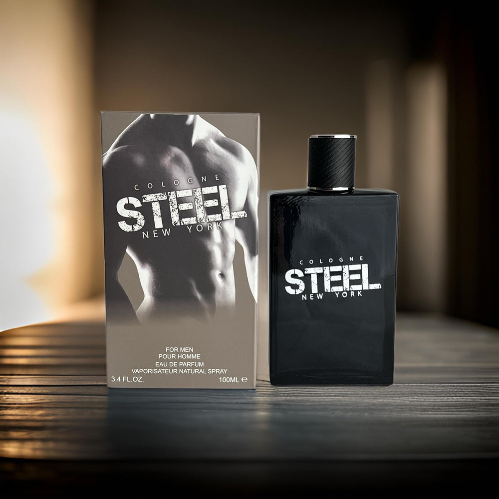 Back label of Steel New York shows citrus and moss notes guiding scent experience
