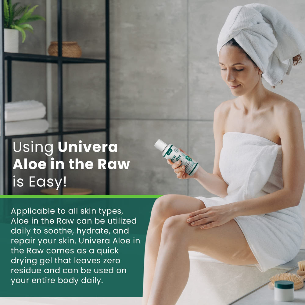 Univera Aloe in the Raw on a bathroom shelf for daily use