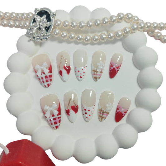 UNIYVOH almond press-on nails with Valentine red French design for chic daily wear