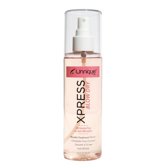 Unnique By Lag UNNIQUE Xpress Blow Dry Spray bottle front, sleek packaging, frizz control.