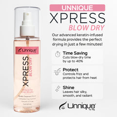 Unnique By Lag UNNIQUE Xpress Blow Dry Spray mist in action on damp hair for detangling and even distribution.