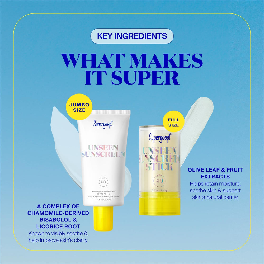 Unseen Sunscreen Stick SPF40 twist-up shown for easy on-the-go application.